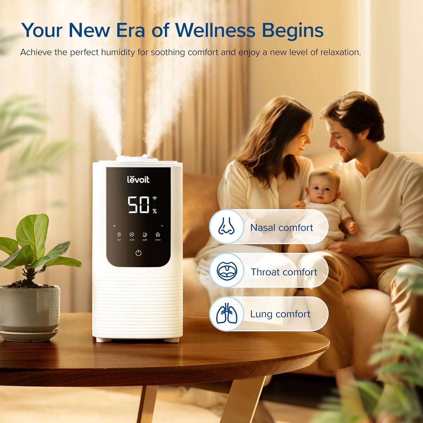 LEVOIT Humidifiers for Bedroom Large Room, Smart Warm & Cool Mist Air Humidifier for Home, Fast Symptom Relief, 26dB Quiet, Easy Top Fill, APP/Alexa, Auto Shut-Off, Essential Oil, OasisMist4.5L, White