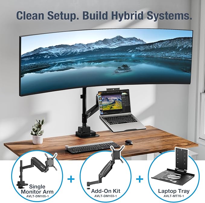 AVLT Single 57 Inch Add-On Monitor Arm Top Mount-Black for Dual & Triple Arm Setup, Fits 1.38" Pole, Super Ultrawide Screen, Supports 59.5lbs (27kg), VESA Compatible, Workspace Upgrade Expansion Arm