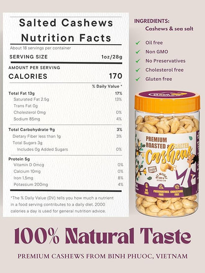 Cashews Roasted Lightly Salted - Snacks for Adults, Whole Nut (No Mixed), Oil Free Roast, Farm Fresh, Plant Based Protein, Healthy Nuts, Ingredients: Cashew Nuts & Sea Salt, 17.64 oz (Pack of 1)