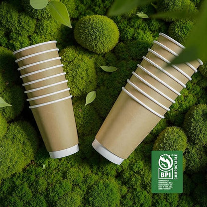 12 oz Compostable Coffee Cups Disposable Paper Cups,120 Pack Double Wall Hot Cups, BPI Certified PLA Coated Paper Cups, Natural Kraft To-go Disposable Coffee Cups for Office Coffee Bar To Go Travel