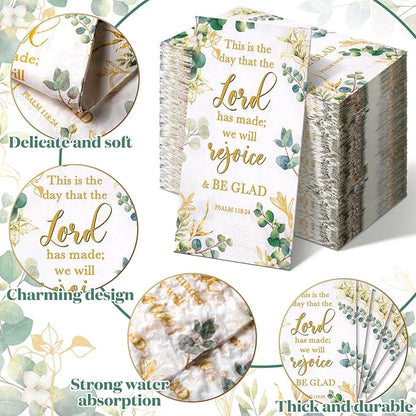 Karenhi 200 Pcs Religious Decorative Disposable Napkins 2 Ply Christian Disposable Hand Towels for Bathroom Bible Verse Paper Napkins Baptism Paper Towel for Wedding(Eucalyptus)