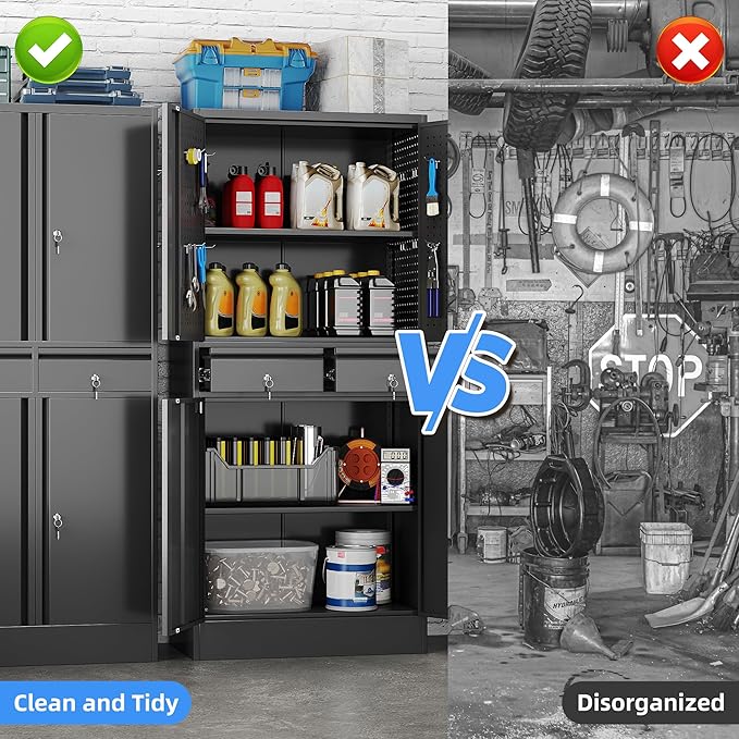 Metal Storage Cabinet with 2 Drawers and Pegboard, Garage Storage Cabinet with Locking Doors and 2 Adjustable Shelves, 71" H Steel Cabinets for Garage, Home, Office, School, Black