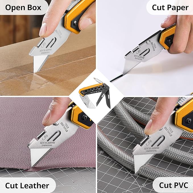 Folding Utility Knife, Box Cutter Knife, Razor Work Knives, 6 in 1 Utility Knives Multitool with 5 Razor Blades, Screwdriver, Saw, Belt Clip Safe Lock, EDC Gadgets Gifts for Men Women, Yellow