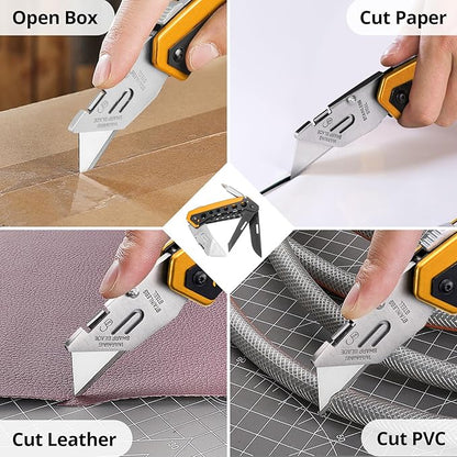 Folding Utility Knife, Box Cutter Knife, Razor Work Knives, 6 in 1 Utility Knives Multitool with 5 Razor Blades, Screwdriver, Saw, Belt Clip Safe Lock, EDC Gadgets Gifts for Men Women, Yellow