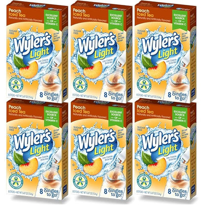 Wyler's Light Singles To Go (6 Pack), Peach Iced Tea Water Drink Mix, 48 Total Powder Drink Mix Packets