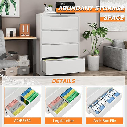 File Cabinet, 4 Drawer Metal File Cabinet with Lock, Lateral File Cabinet for Home and Office, Lateral File Cabinet for A4 Legal/Letter Size, Assembly Required (White, 4 Drawer)