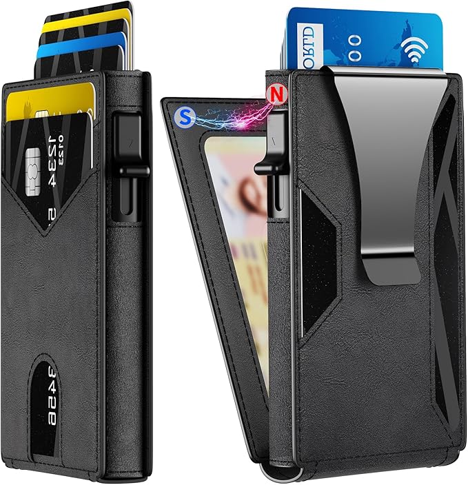 Wallet for Men Slim RFID Blocking-Metal Smart Pop-Up Credit Card Holder with 2 ID Windows, Holds 8-10 Cards,Bifold Minimalist Front Pocket Wallet & Money Clip,Men's accessories (Black)