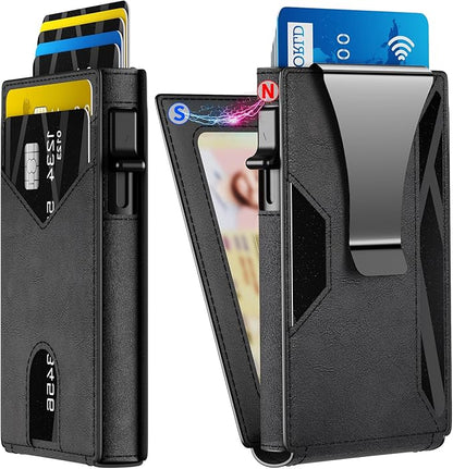 Wallet for Men Slim RFID Blocking-Metal Smart Pop-Up Credit Card Holder with 2 ID Windows, Holds 8-10 Cards,Bifold Minimalist Front Pocket Wallet & Money Clip,Men's accessories (Black)