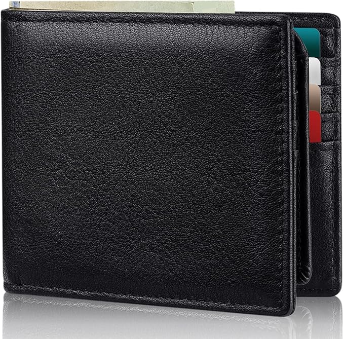 Mens Wallet Bifold Genuine Leather RFID Blocking Wallet for Men with 2 ID Windows 11 Card Holders 2 cash pockets 1 Gift Box