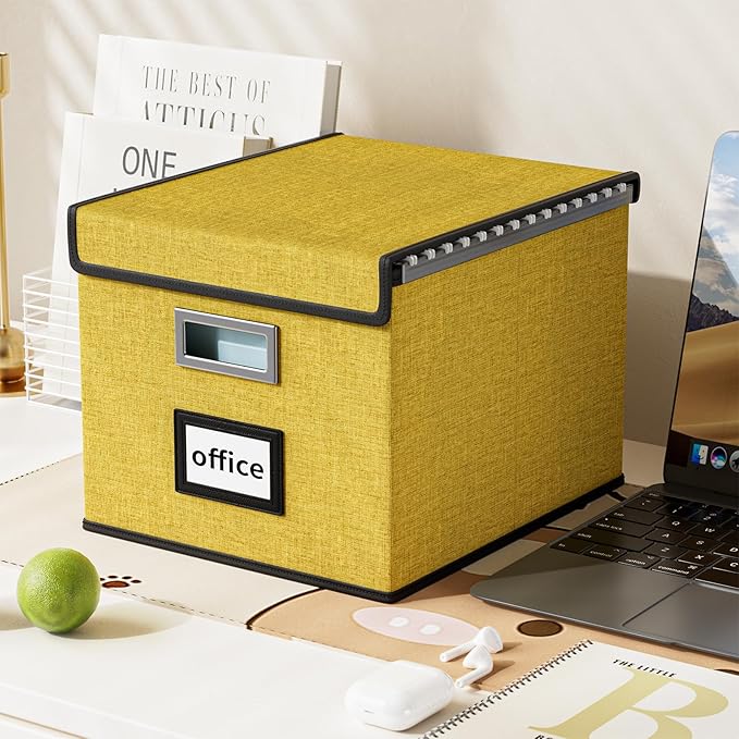 Huolewa Collapsible File Storage Organizer Box with Lid, Linen Document Storage Organization, Universal Hanging Filing Box for Letter/Legal Folder, Decorative Office/Home File Bins - yellow, box only