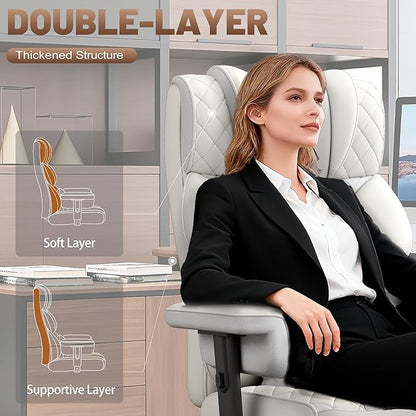 Vonesse Big and Tall Office Chair, Computer Chair with Soft Adjustable Armrests, Ergonomic Gaming Chair with Lumbar Support, Executive Chairs with Footrest (PU Leather + Mesh Fabric,Ivory White)