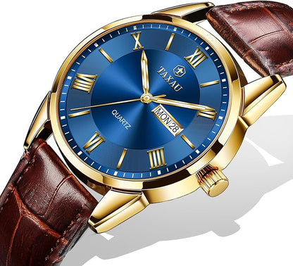 Men's Watch Big Face Easy Read Arabic Numeral Dress Watches for Men Classic Black Brown Leather Band Analog Mens Wrist Watch with Day and Date Fashion Business Waterproof Luminous Quartz Watch
