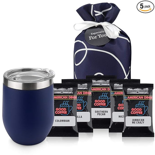Coffee Lovers Gifts Basket - Gift Sets Include Temperature Retention Insulated Cup and 5 Special Blend Full Pot Ground-Coffee Samplers Presented in Beautiful Gift Bag For Women & Men