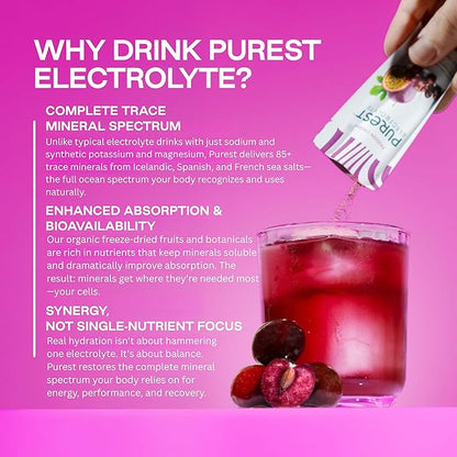 Organic Passion Cherry Hydration Powder Packets with Solar Sea Salts & Organic Freeze-Dried Fruit for Instant Hydration, No Added Sugar Electrolytes, 26 Packets