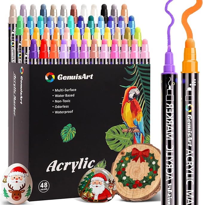48 Colors Dual Tip Acrylic Paint Pens Markers, Premium Painting Markers Stocking Stuffers for Rock, Wood, Fabric, Glass, Canvas, Ceramic, Christmas Gifts for Teens DIY Crafts Art Supplies