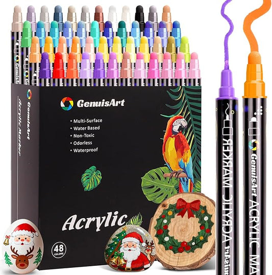 48 Colors Dual Tip Acrylic Paint Pens Markers, Premium Painting Markers Stocking Stuffers for Rock, Wood, Fabric, Glass, Canvas, Ceramic, Christmas Gifts for Teens DIY Crafts Art Supplies