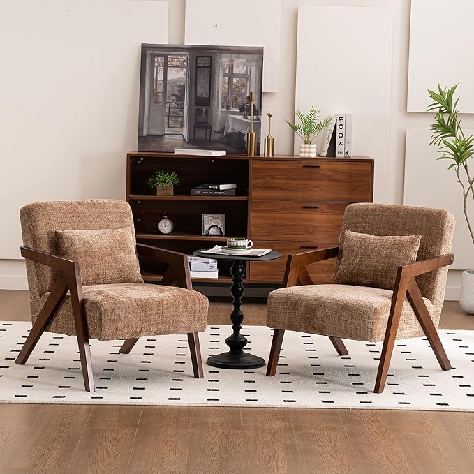 Mid Century Modern Accent Chair with Solid Wood Frame，Upholstered Chenille Living Room Arm Chairs with Pillow for Bedroom, Living Room, Reading Room, Balcony (2, Brown)