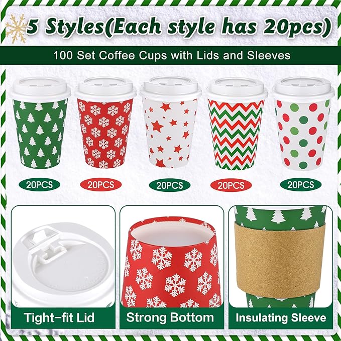 300 Pcs/100 Sets Christmas Coffee Cups with Lids and Sleeves 12 oz Disposable Christmas Paper Cups Party Drinking Cups for Hot and Cold Drinks Chocolate Coffee Tea Beverage Bar Supplies (Simple)