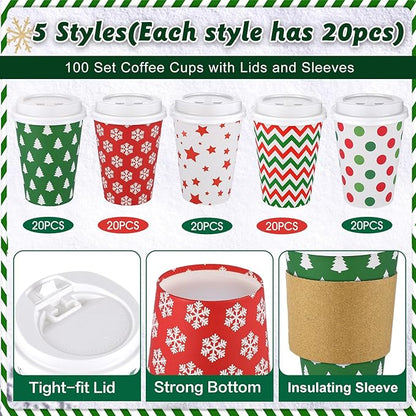 300 Pcs/100 Sets Christmas Coffee Cups with Lids and Sleeves 12 oz Disposable Christmas Paper Cups Party Drinking Cups for Hot and Cold Drinks Chocolate Coffee Tea Beverage Bar Supplies (Simple)