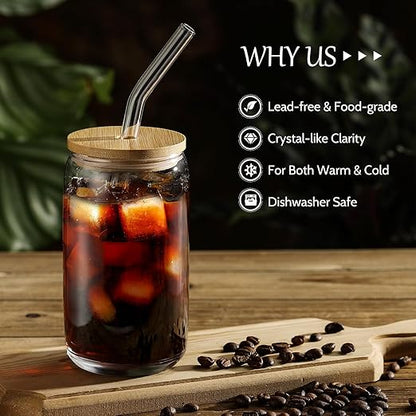 VITEVER [ 20pcs Set ] Glass Cups with Bamboo Lids and Glass Straw - Beer Shaped 16 oz Iced Coffee Drinking Glasses, Cute Tumbler Cup for Smoothie, Boba Tea, Whiskey, Water
