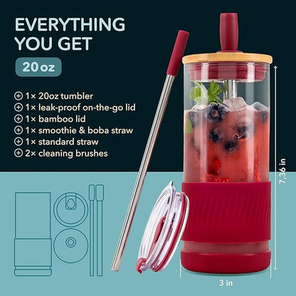 Pandaloo® Glass Cups With Lids and Straws -20 Fl Oz- Perfect Size Iced Coffee Cup - Smoothie Cup With Bamboo Lid and On the go Lid - Glass Tumbler With Straw (1 Count (Pack of 1), Boysenberry)