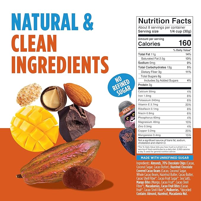 Blue Stripes - Trail Mix, 70% Chocolate Chips, Almonds, Macadamia Nuts, Mango, Healthy Snacks for Adults, Whole 70% Cacao, With Unrefined Sugar, Non GMO, Gluten Free, Vegan - 2 Pack, 8 oz