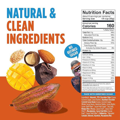 Blue Stripes - Trail Mix, 70% Chocolate Chips, Almonds, Macadamia Nuts, Mango, Healthy Snacks for Adults, Whole 70% Cacao, With Unrefined Sugar, Non GMO, Gluten Free, Vegan - 2 Pack, 8 oz