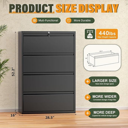 Greenvelly Lateral File Cabinet 4 Drawer, Lockable Metal Filing Cabinet for Home Office, Black Metal File Cabinet with Lock for Legal/Letter/A4/F4 Size with Hanging Bars&Key