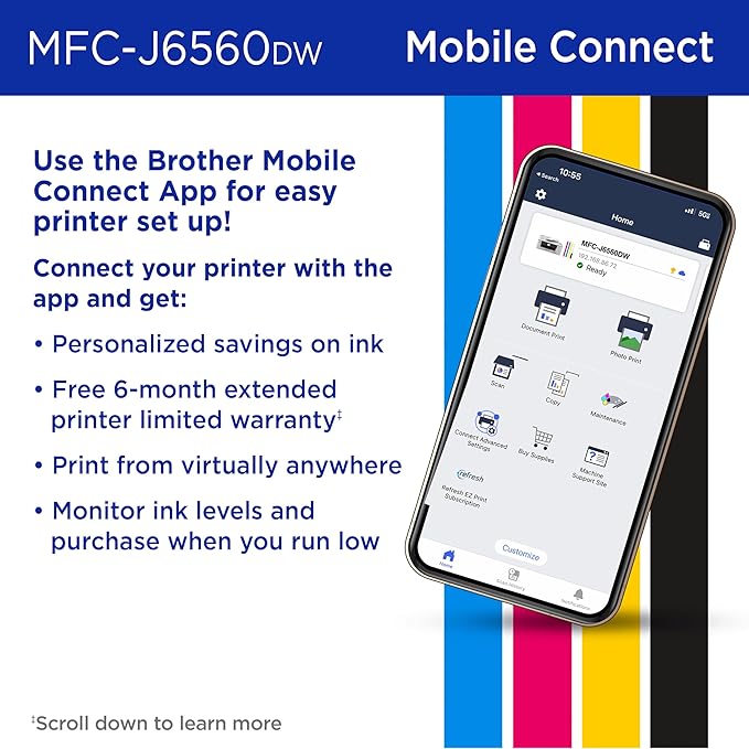 Brother INKvestment 6560 Wireless Color Inkjet All-in-One Printer with 11”x17” Capabilities and 2.7” Color Touchscreen | Includes Refresh Subscription Trial(1) (MFC-J6560DW)