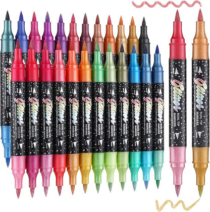 48 Colors Glitter Markers Pens Dual Tip 24 Pack Glitter Brush Markers Professional Glitter Paint Pens Set Sparkle Pen for Coloring, Journals, Planners, Scrapbooking & Card Making