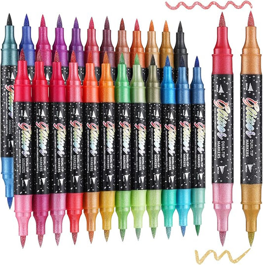 48 Colors Glitter Markers Pens Dual Tip 24 Pack Glitter Brush Markers Professional Glitter Paint Pens Set Sparkle Pen for Coloring, Journals, Planners, Scrapbooking & Card Making