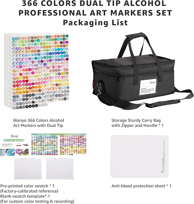 Bianyo 366 Colors Dual Tip Professional Alcohol Markers Set, Brush and Fine Tips for Coloring Illustration Portraits Comics Fashion Architecture, Includes Carry Bag with Shoulder Strap