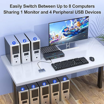 8 Port Displayport KVM Switch 4K@60Hz EDID Simulation, USB3.0 KVM Switch Displayport for 8 Computers Share 1 Monitor and 4 USB Devices,KVM Switches with Audio RS232 Wied Remote 12V Power and USB Cable