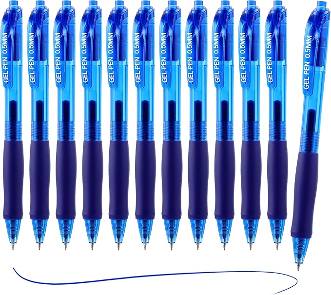 USUAL 12 Pack Retractable Gel Pens 0.5 mm,Blue Ink Pen Fine Point Quick Dry Smooth Writing Rollerball Pens,Writing Ballpoint Pens for Office School Supplies
