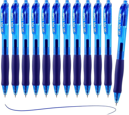 USUAL 12 Pack Retractable Gel Pens 0.5 mm,Blue Ink Pen Fine Point Quick Dry Smooth Writing Rollerball Pens,Writing Ballpoint Pens for Office School Supplies