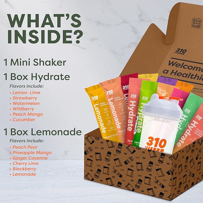 310 Nutrition Daily Energy & Hydration Holiday Gift Box Starter Kit - Includes 6 Servings of Lemonade and 6 Servings Hydrate Variety with Shaker Cup
