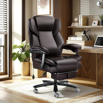 600lbs Big and Tall Office Chair for Heavy People,Heavy Duty Comfy Executive Office Desk Chair with Adjustable Lumbar Support,High Back Reclining PU Leather Computer Chair,Metal Base (Classic, Brown)