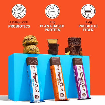 Munk Pack Variety Pack Probiotic Protein Bars Stocking Stuffers | 15g Protein, 1g Sugar, 5g Net Carbs | Plant-Based, High Protein, Low Sugar Gut Health Snacks | 12 Pack