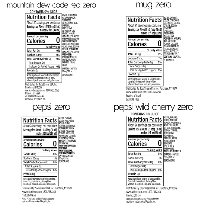 SodaStream Pepsi Wild Cherry, MTN Dew Code Red, Pepsi & Mug Root Variety Pack, Zero Sugar, 440ml Pack of 4