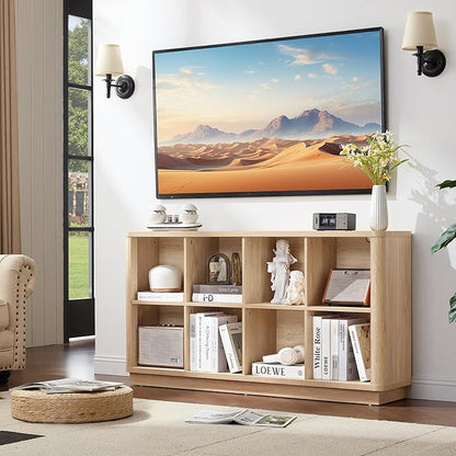 8 Cube Storage Book Shelf, 52" Long Horizontal Bookshelf with Curved Edge, Floor Standing Wooden Cubby Bookcase with Base, Modern Low Console Book Case, TV Stand for Living Room, Natural Oak
