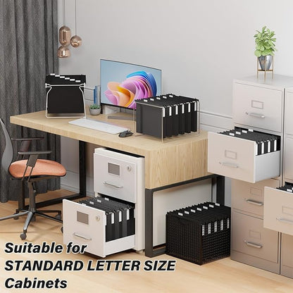 Ansook Extra Capacity Plastic Hanging File Folders,1" Expanding Accordian Pocket,Heavy Duty for Filing Cabinet, Hard and Durable Hang Folders,Insertable Tabs,Letter Size,Black- 12 Pack