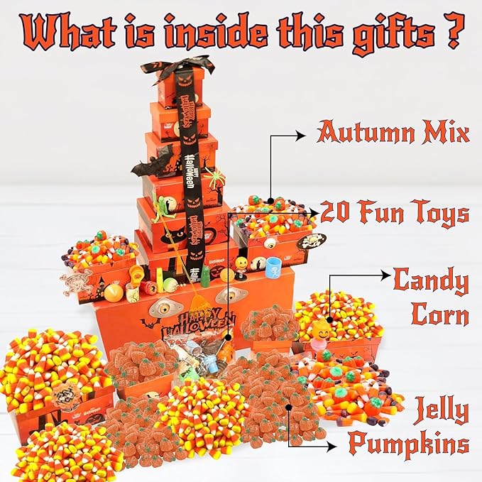 Sarah's Candy Factory Halloween Tower Box with Ribbon – 6 Tier Gift Box with Candy Corn, Autumn Mix, Indian Candy Corn, Jelly Pumpkins and 20 Fun Toys, Individually Wrapped Treat Packs