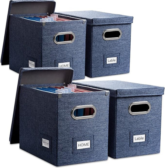 PRANDOM File Organizer Box - Set of 4 Collapsible Decorative Linen Filing Storage Hanging File Folders with Lids Office Cabinet Letter Size Navy Blue (14x9.3x10.8 inch)