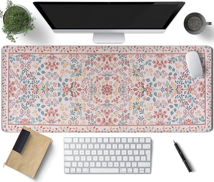 Pink Floral Patterns Desk Mat, Large Gaming Mouse Pad Non-Slip Rubber Base with Stitched Edges, Waterproof Protection for PC Laptop Home Office Desk Decor (31.5x11.8in)