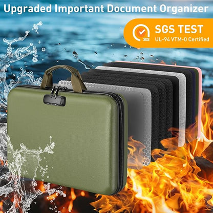 Fireproof Document Organizer with Lock, File Organizer Safe Box Fireproof Waterproof, Hard Shell Fire Proof Document Bag with 13 Pocket Accordion File Folders, Home Storage Office Organization
