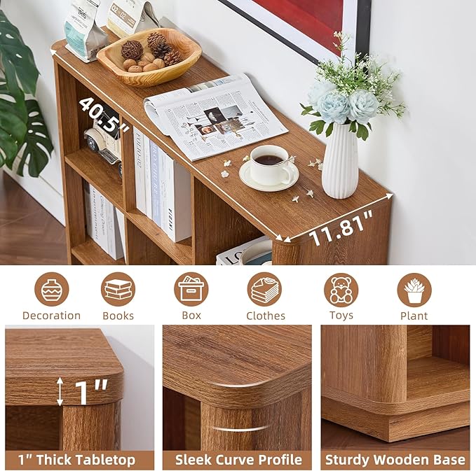 9 Cube Storage Book Shelf, 40" Tall Organizer Bookshelf with Curved Edge, Wood Floor Standing 3-Tier Cubby Bookcase with Base, Country Rustic Display Book Case for Library, Office, Orange Oak