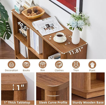 9 Cube Storage Book Shelf, 40" Tall Organizer Bookshelf with Curved Edge, Wood Floor Standing 3-Tier Cubby Bookcase with Base, Country Rustic Display Book Case for Library, Office, Orange Oak