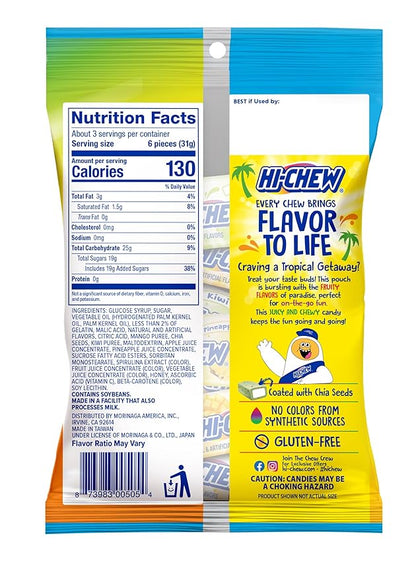 HI-CHEW Tropical Mix, 6 Bags, 3.53oz Each, Kiwi Pineapple Mango Taffy Candy