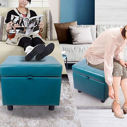 H&B Luxuries Tufted Leather Square Flip Top Storage Ottoman Cube Foot Rest (Blue with Storage)