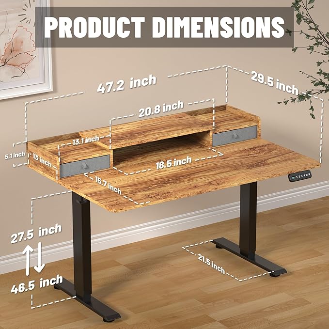 48 x 30 Inch Standing Desk with 2 Drawers, Adjustable Height Widened Stand Up Desk with Storage, Sit to Stand Ergonomic Workstation for Home Office, Light Rustic